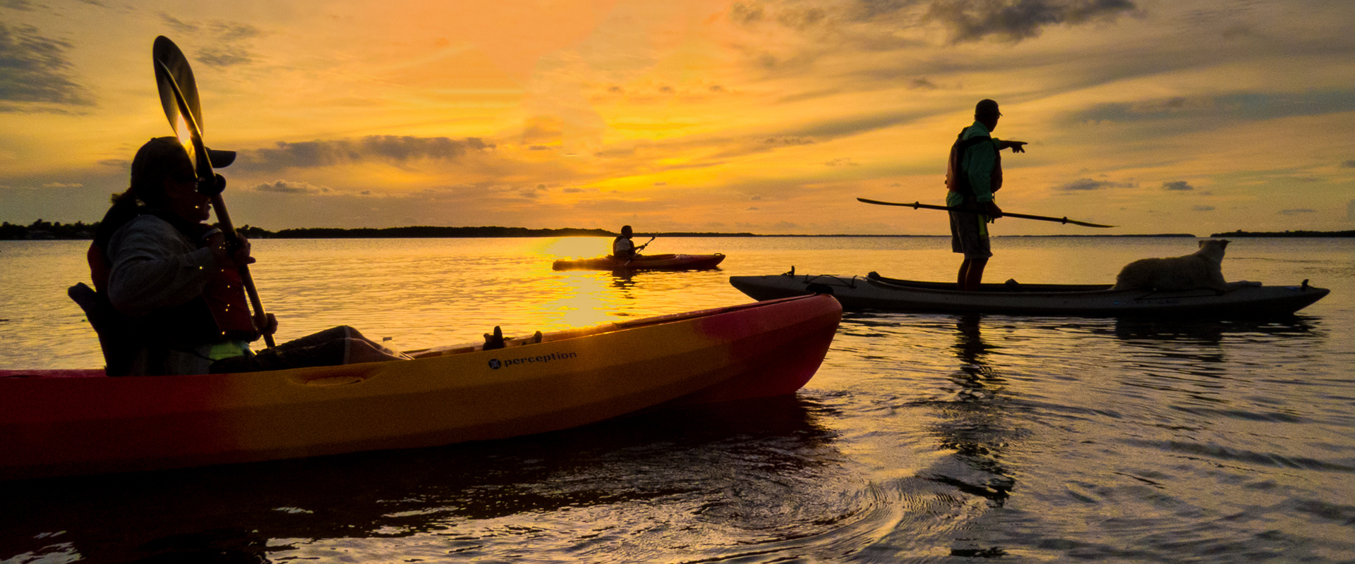 Canoers on the water at sunset